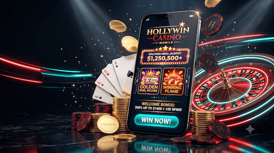 Startseite des Hollywin Casinos mit Spielübersicht und Bonusangeboten